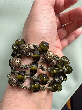 Vintage Handcrafted Olive Green glass Beaded choker/Wrap Bracelet